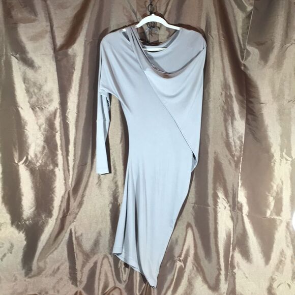 BCBGMaxazria taupe asymmetric fitted dress. - Picture 2 of 5
